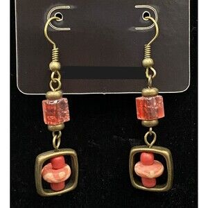 Handmade Brass Tone Square Frame with Coral Tone Beads Earrings by Neanie-Bot